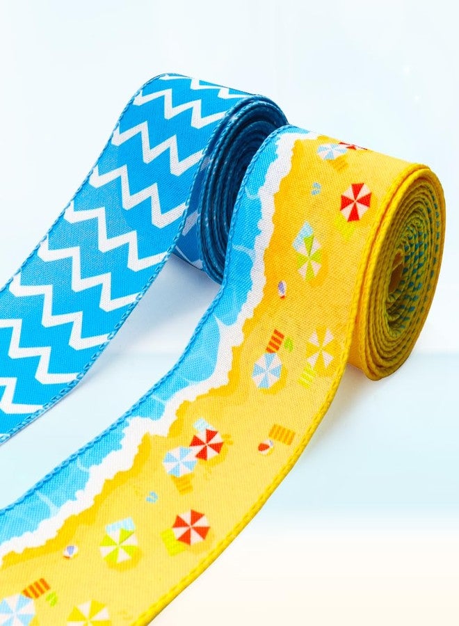 ABTOLS 2 Roll 10 Yards Blue Stripe Ribbons 2.5", Sand Beach Ocean Wired Edge Burlap Ribbon Summer Yellow Blue Wave Ribbon for Farmhouse Decor Gift Wrapping DIY Crafts Wreaths Bow - Image 1